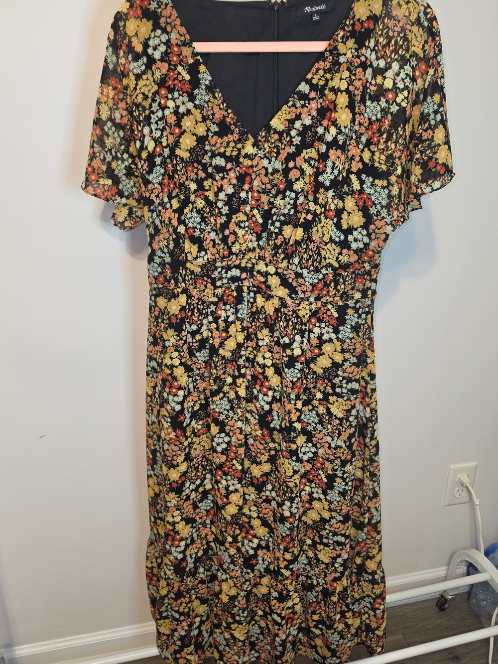 Madewell Black Floral V-Neck Midi Dress with Mustard and Orange Accents